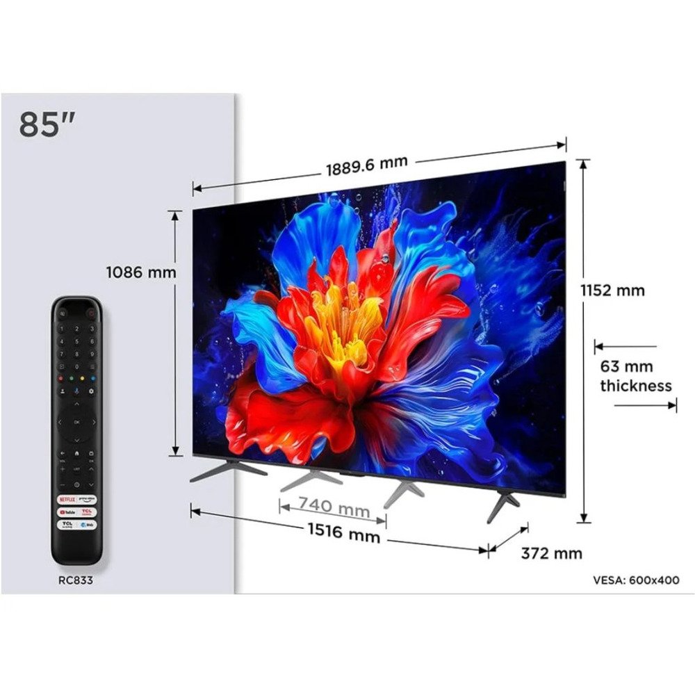 TCL 85"P8K 4K QLED TV 144HzGoogle TV; Motion Clarity Pro;Game Master; Onkyo 2.1;
