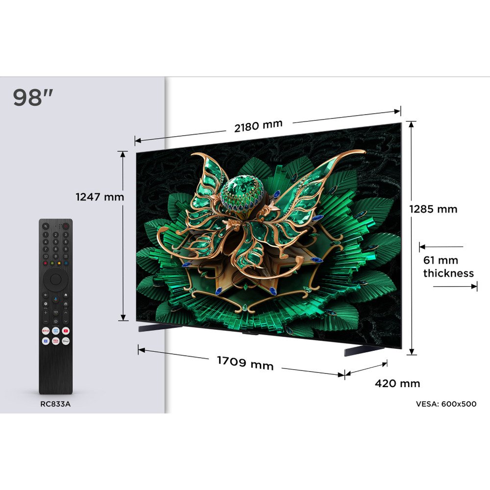 TCL 98"C7K 4K QD-Mini LED TV144Hz Google TV; Game Master;Audio BANG & OLUFSEN; HDR Premium;
